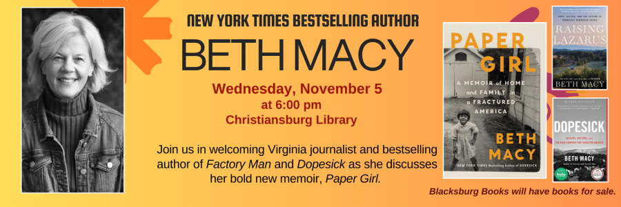 Beth Macy discusses Paper Girl Wed, Nov 5 at 6pm at Christiansburg
