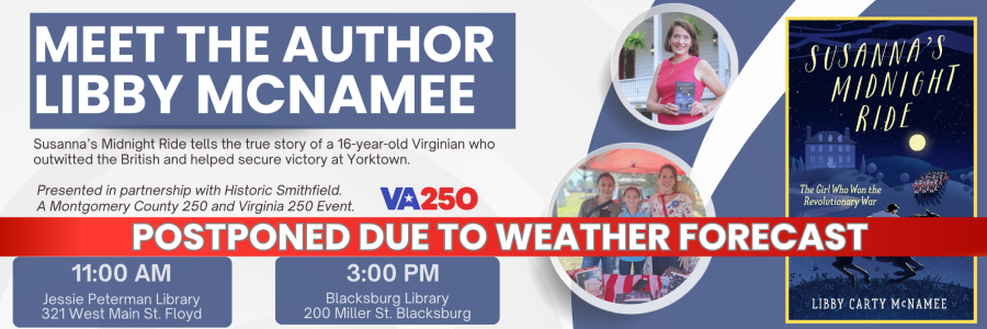 Meet Author Libby NcNamee, POSTPONED due to weather. Click for times and locations.